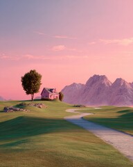 Fototapeta premium Pink house atop green hill, winding path, mountain backdrop