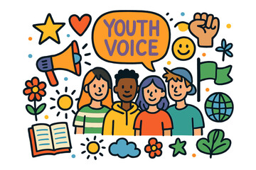 Obraz premium Youthful Expression Icons. Youth Voice. Colorful Hand-drawn doodle Children illustration megaphone, speech bubble, group of teens, banner, star, heart, smiley