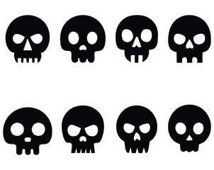 Collection of black skull icons on a white background. Set of skull icons