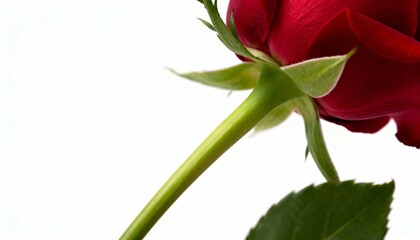 Close-up of a vibrant red rose bud with green stem and leaf