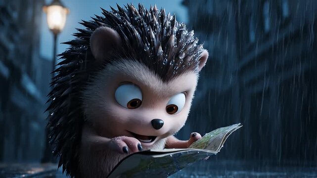 A Curious Cartoon Hedgehog Character Holding a Folded Map and Looking Confused Under Heavy Rain on a Dark City Street with a Vintage Street Lamp