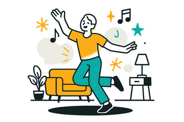 Fototapeta premium Living Room Dance. Living Room Dance. A glowing person dancing freely at home with music notes floating, abstract spark and star icons symbolizing joy. Modern
