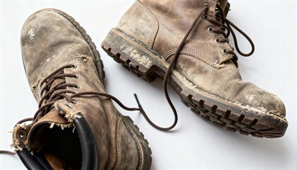 Detailed view of dirty and worn brown work boots.