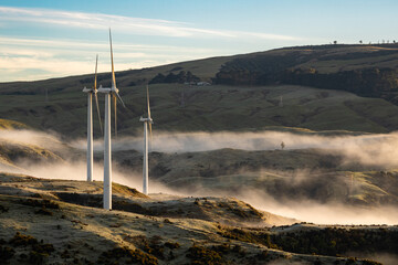 Wind turbines in sunrise light on a misty morning in the Manawatu New Zealand