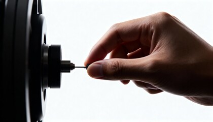 Hand inserting a small metal pin into a precision engineered black component.