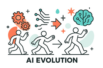 Naklejka premium AI Evolution Journey. AI Evolution. A glowing transition from gears to circuits to abstract AI brain, abstract floating spark and arrow icons symbolizing