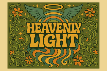 Obraz premium Heavenly Psychedelic Poster. Heavenly Light ? 70s Poster, funky wavy stacked lettering, concentric swirls, floral curves with stars, halos, and