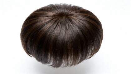 Natural dark brown wig or hairpiece on a pristine white background