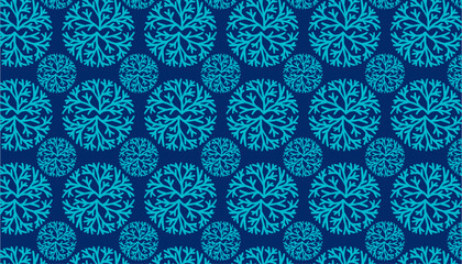 Winter Pine and Cypress Texture Background in a blue color. Christmas Snow and Ball design