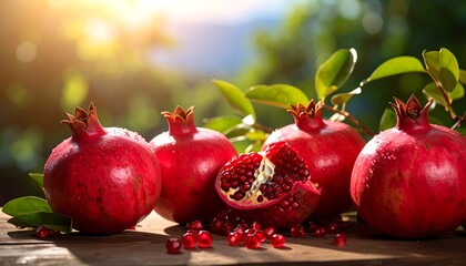 Ripe pomegranates, some whole and one halved, resting on a wooden surface