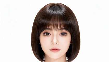 Portrait of a young Asian woman with short, sleek dark hair and natural makeup