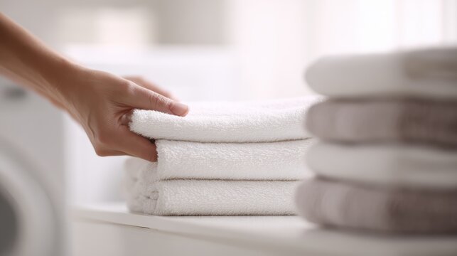 In a pristine bathroom, a woman hand is seen taking out neatly laundered clothes from the washer. Implies efficient home organization.