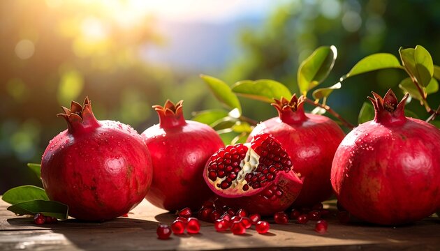 Ripe pomegranates, some whole and one halved, resting on a wooden surface - Powered by Adobe