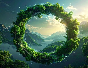 Green Circle Embrace Nature: An artistic rendering of a circular structure adorned with lush greenery floats against a breathtaking backdrop of mountains and a vibrant sky.