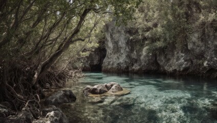 Tranquil, sunlit lagoon with clear turquoise water, bordered by rocky cliffs & overhanging trees