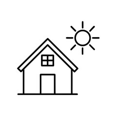 Simple outline of house with sun shining on transparent background