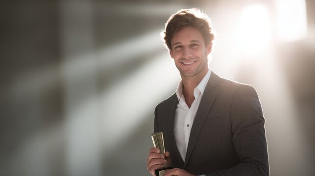 Confident executive, mid-shot, holding a prestigious award with a triumphant smile, symbolizing years of effort and business achievement.