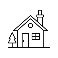 Outline drawing of a house with a tree on transparent background