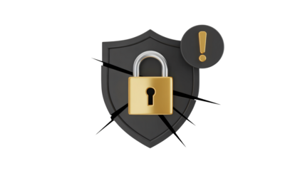 Security breach alert with fractured shield and padlock, highlighting vulnerability and the critical need for robust protection against cyber threats today