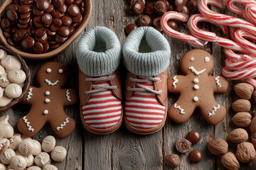 Cute baby shoes surrounded by gingerbread cookies, candy canes, and chocolates set on a rustic wooden table during the holiday season