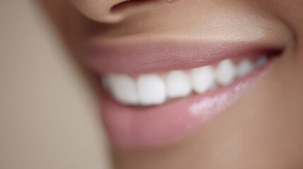 Obraz premium Detail shot of a joyful woman mouth, a beautifully restored smile thanks to a discreet and stable dental implant. Focus on natural aesthetics.