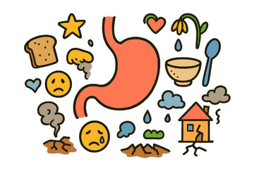 Fototapeta premium Hunger and Hope. Empty Stomach. Colorful Hand-drawn doodle Children illustration stomach outline, empty bowl, spoon, bread slice, sad face, tear, star, heart,