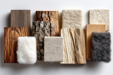 Textured materials showcase featuring wood, fabric, and natural fibers arranged aesthetically on a neutral background