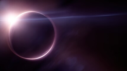 Dramatic 3D vector illustration of a solar eclipse, with the moon creating glowing purple circular and crescent outlines against deep space.