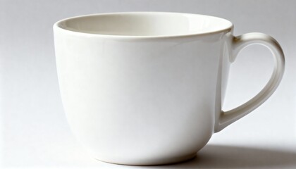 A clean, simple white ceramic mug standing on a light background