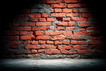 Red brick wall with weathered texture illuminated by soft light in a dimly lit setting