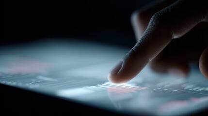 Close-up on hands interacting with a digital interface, meticulously analyzing financial statistics, charts, and market data for trading results.