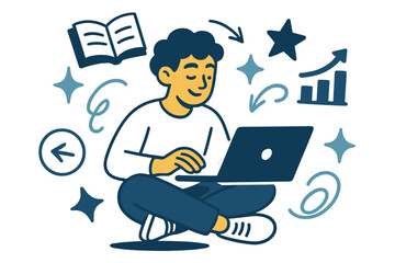 Dynamic Learning Environment. Personalized learning platforms. Glowing student sitting with laptop while floating icons adapt around them like books, stars,