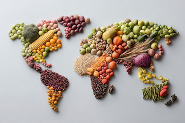 Creative display of fresh fruits and vegetables arranged in the shape of a world map showcasing global diversity