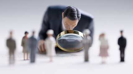 A sharp-suited businessman holds a large magnifier, intently examining miniature wooden hacker figurines concealed amongst a group of professional dolls. Cybercrime detection.