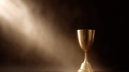 Luminous golden trophy cup, a majestic 3D icon, standing proudly. Award winner, champion prize, soccer tournament victory, celebration.