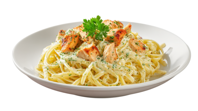 Salmon Fettuccine Alfredo Pasta isolated on a transparent background