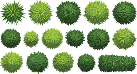 Fifteen top-down views of diverse green shrubs and bushes in varied textures and shapes, perfect for architectural plans, landscaping designs, game assets, and nature-themed visuals