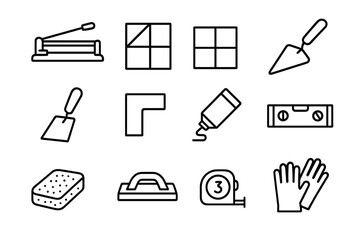 Obraz premium Tile Cutting Icons. Tile cutting. Line icon set of Tile cutting: tile cutter, tile square, grout line, trowel, scraper, corner tile, adhesive, level, sponge,
