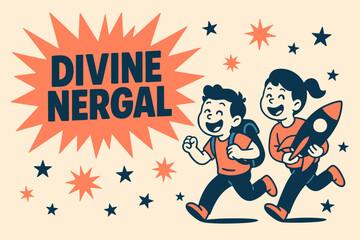 Obraz premium Nergal Adventure Design. Divine Nergal banner, flat vector illustration, bold oversized text inside splash explosion, cartoon characters running and laughing,