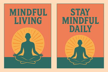 Mindful Living Banners. Mindset. Two vertical A6 banners with safe margins, centered composition, no elements touching edges, retro style, coral and teal,