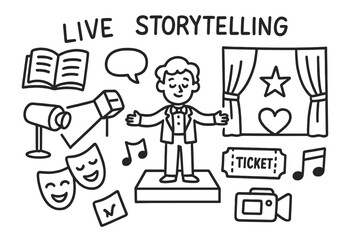 Live Storytelling Icons. Live storytelling. Hand-drawn doodle illustration live storytelling book, actor, stage, spotlight, mask, comedy mask, tragedy mask,