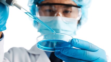 Scientist Pipetting Blue Liquid into Petri Dish Close Up laboratory research