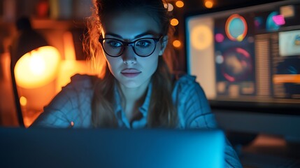 Focused young woman working late at night on a computer, showcasing dedication and determination in a dimly lit, cozy workspace
