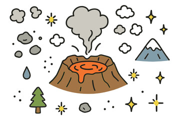 Fototapeta premium Volcano Cartoon Doodle. Volcanic Crater. Hand-drawn doodle illustration crater (colored), lava pool (colored), smoke, rock, sparkle, mountain (colored), ash,