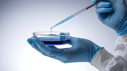 Scientist adding blue liquid drop to petri dish with pipette science laboratory