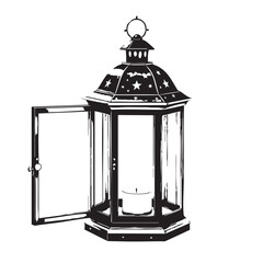 Decorative Lantern Vector — Black and White Illustration of Vintage Candle Holder with Star Cutouts and Open Glass Door