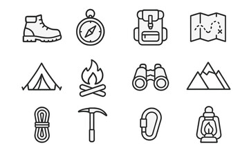Mountain Adventure Icons. Mountain adventures. Line icon set of Mountain adventures: hiking boot, compass, backpack, map, tent, campfire, binoculars, mountain