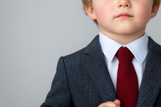 Young boy in business attire. Smartly dressed kid exudes charm and maturity in a stylish suit, white shirt, and red tie. A young professional in the making.