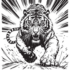 Fierce Charging Tiger Vector — Black and White Illustration of Aggressive Predator in Motion with Radiating Lines and Open Mouth