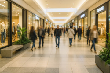 Modern shopping mall interior with stylish store fronts, people walking along a bright corridor. Contemporary retail environment, motion blur, urban lifestyle. Suitable for fashion, commerce